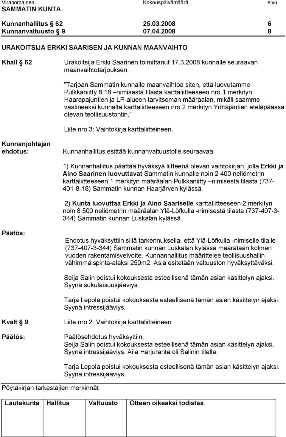 2008 kunnalle seuraavan maanvaihtotarjouksen: Tarjoan Sammatin kunnalle maanvaihtoa siten, että luovutamme Pulkkaniitty 8:18 nimisestä tilasta karttaliitteeseen nro 1 merkityn Haarapajuntien ja LP