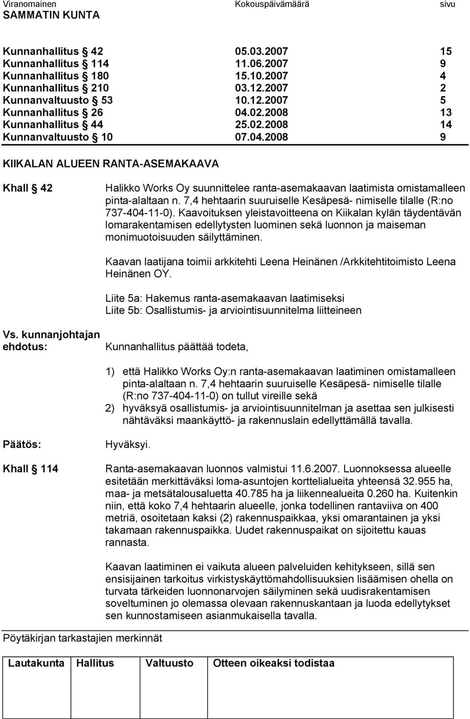 2008 9 KIIKALAN ALUEEN RANTA ASEMAKAAVA Khall 42 Halikko Works Oy suunnittelee ranta asemakaavan laatimista omistamalleen pinta alaltaan n.