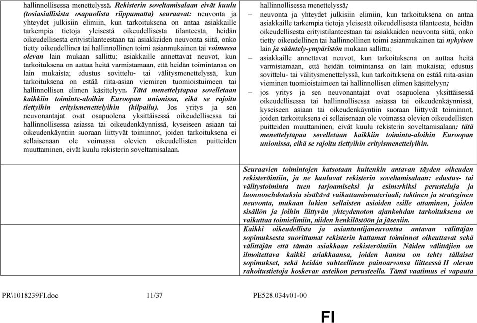 oikeudellisesta tilanteesta, heidän oikeudellisesta erityistilanteestaan tai asiakkaiden neuvonta siitä, onko tietty oikeudellinen tai hallinnollinen toimi asianmukainen tai voimassa olevan lain