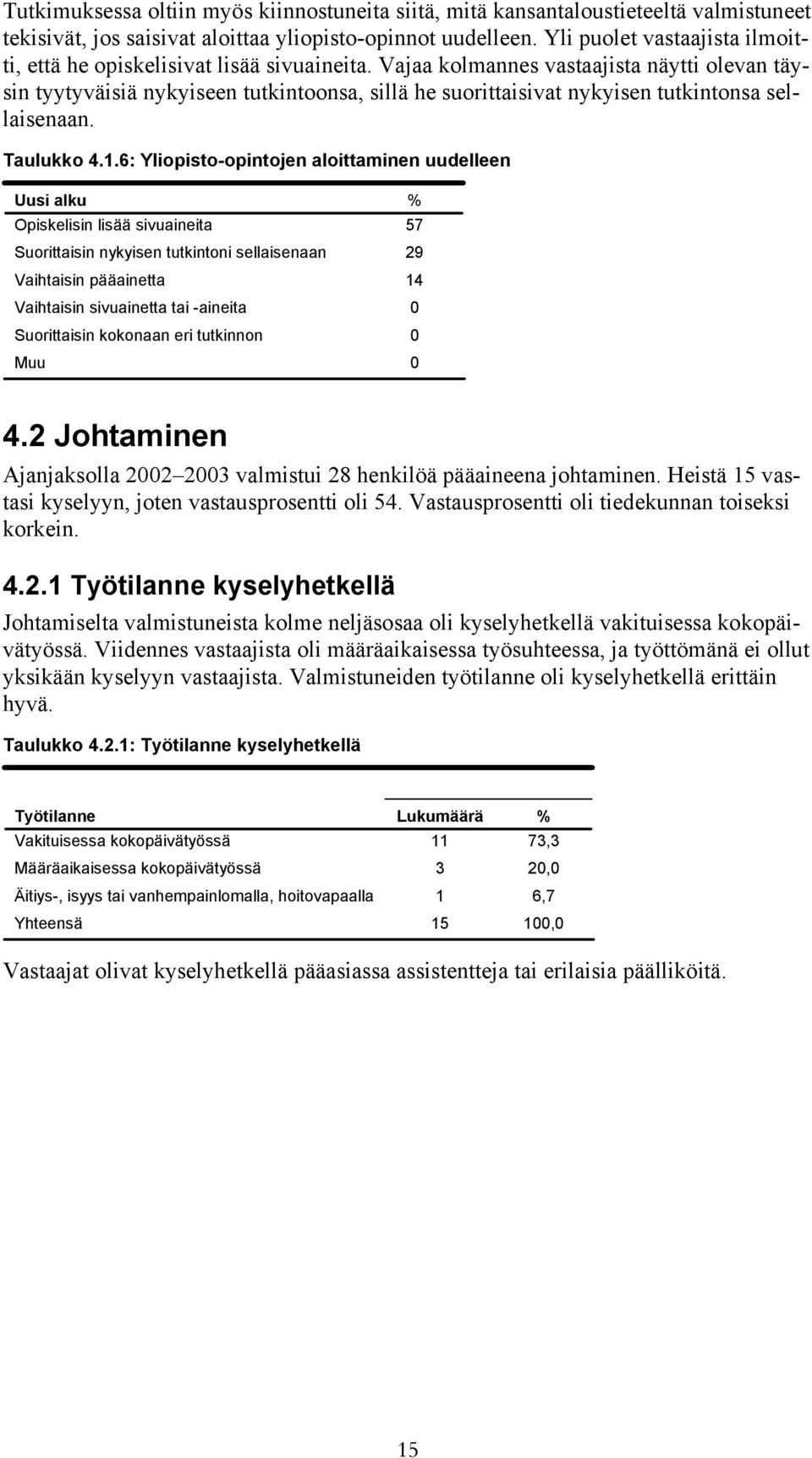 Vajaa kolmannes vastaajista näytti olevan täysin tyytyväisiä nykyiseen tutkintoonsa, sillä he suorittaisivat nykyisen tutkintonsa sellaisenaan. Taulukko 4.1.