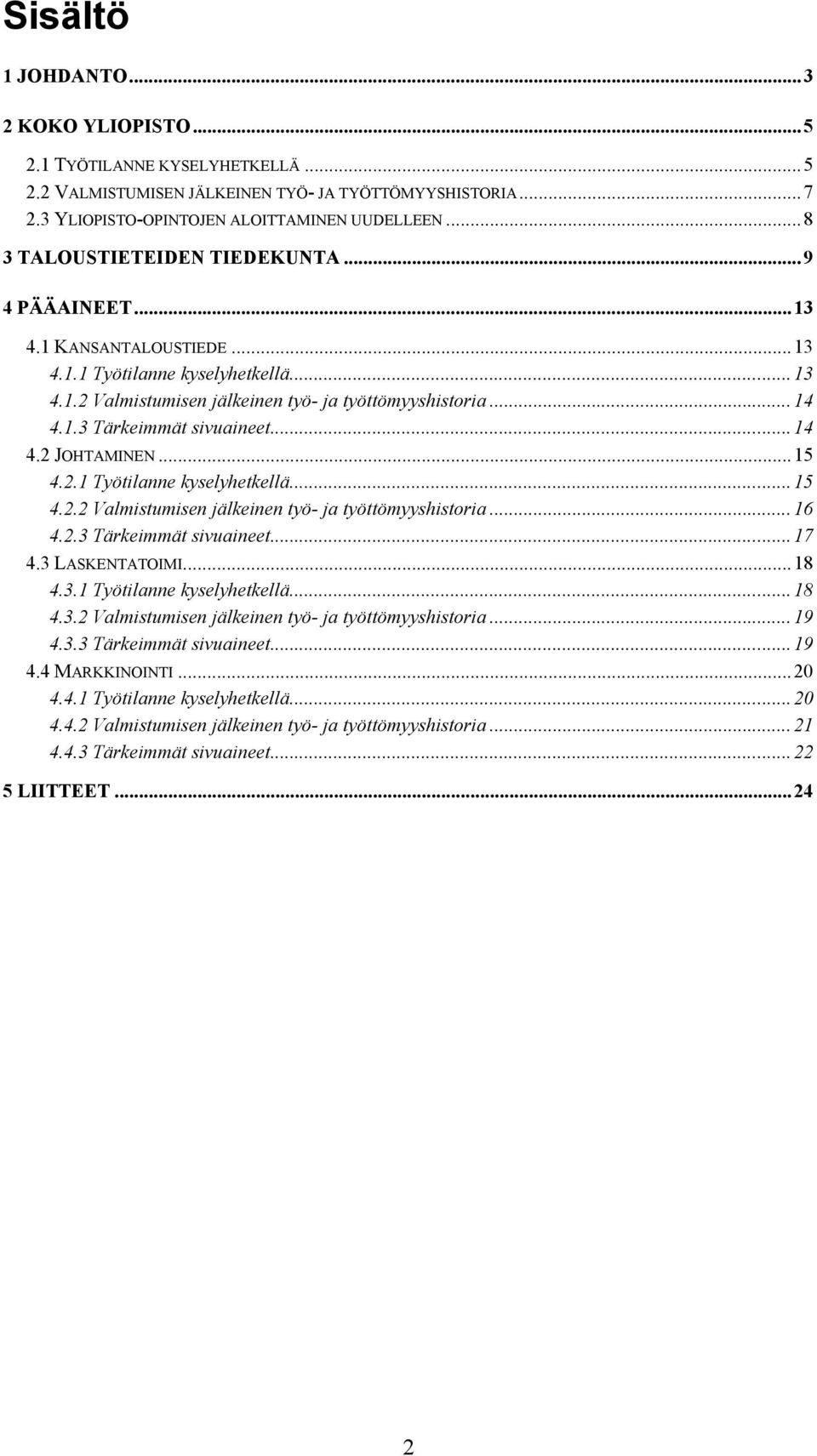 ..14 4.2 JOHTAMINEN...15 4.2.1 Työtilanne kyselyhetkellä...15 4.2.2 Valmistumisen jälkeinen työ- ja työttömyyshistoria...16 4.2.3 Tärkeimmät sivuaineet...17 4.3 LASKENTATOIMI...18 4.3.1 Työtilanne kyselyhetkellä...18 4.3.2 Valmistumisen jälkeinen työ- ja työttömyyshistoria...19 4.