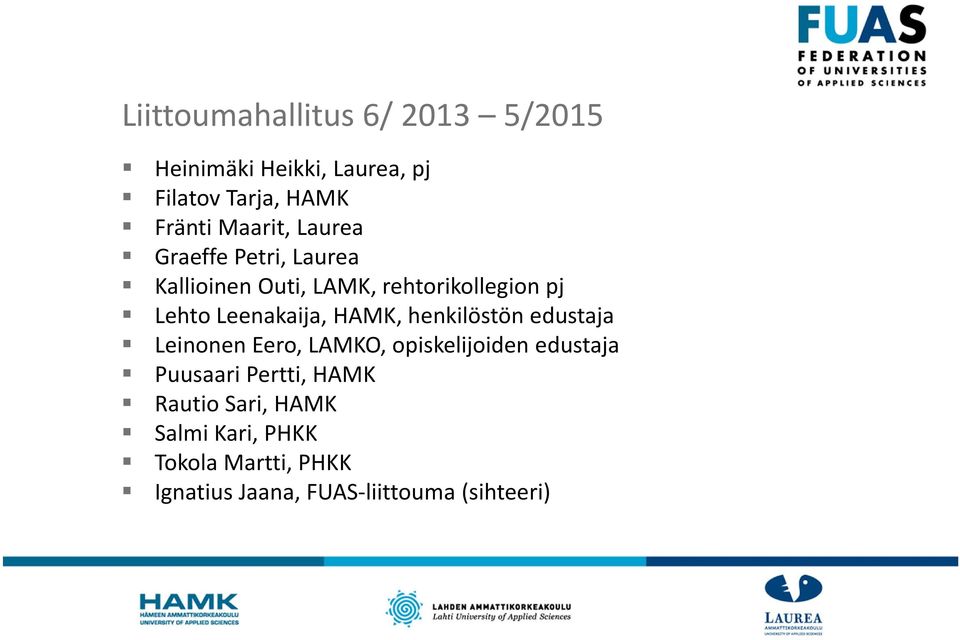 Leenakaija, HAMK, henkilöstön edustaja Leinonen Eero, LAMKO, opiskelijoiden edustaja Puusaari