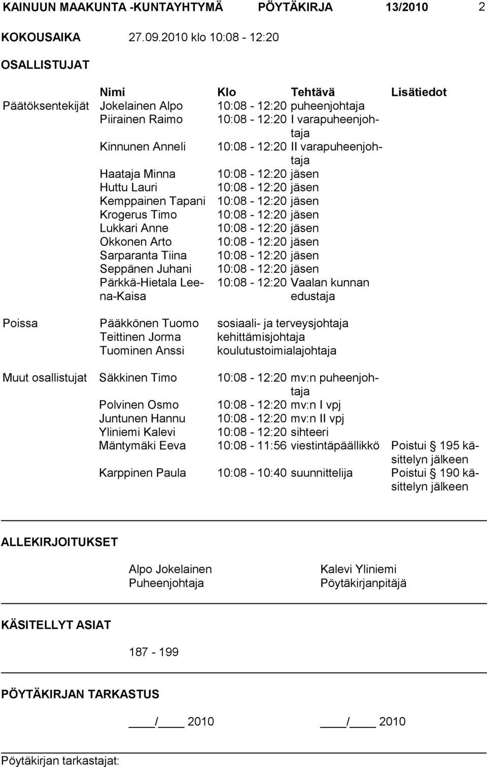 varapuheenjohtaja Haataja Minna 10:08-12:20 jäsen Huttu Lauri 10:08-12:20 jäsen Kemppainen Tapani 10:08-12:20 jäsen Krogerus Timo 10:08-12:20 jäsen Lukkari Anne 10:08-12:20 jäsen Okkonen Arto