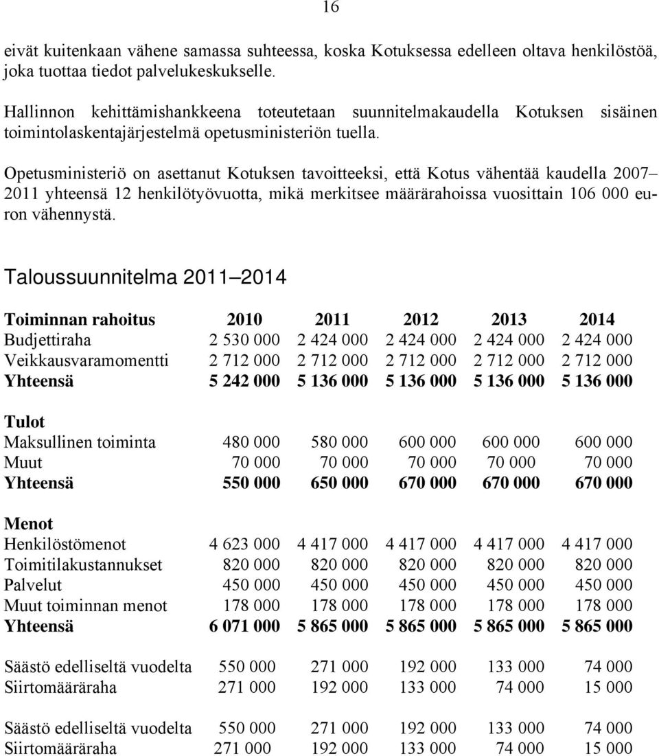 Opetusministeriö on asettanut Kotuksen tavoitteeksi, että Kotus vähentää kaudella 2007 2011 yhteensä 12 henkilötyövuotta, mikä merkitsee määrärahoissa vuosittain 106 000 euron vähennystä.