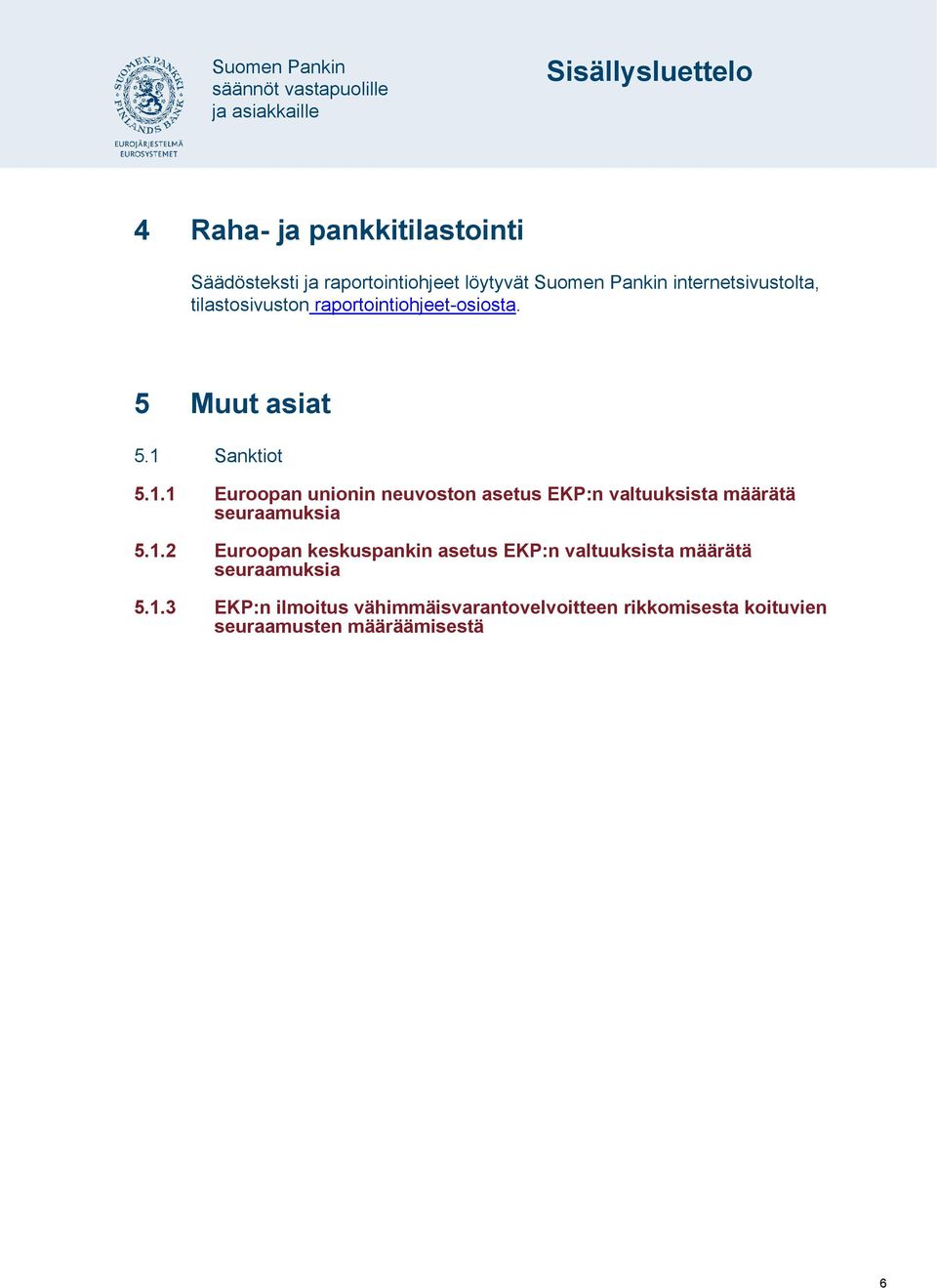 Sanktiot 5.1.1 Euroopan unionin neuvoston asetus EKP:n valtuuksista määrätä seuraamuksia 5.1.2 Euroopan keskuspankin asetus EKP:n valtuuksista määrätä seuraamuksia 5.