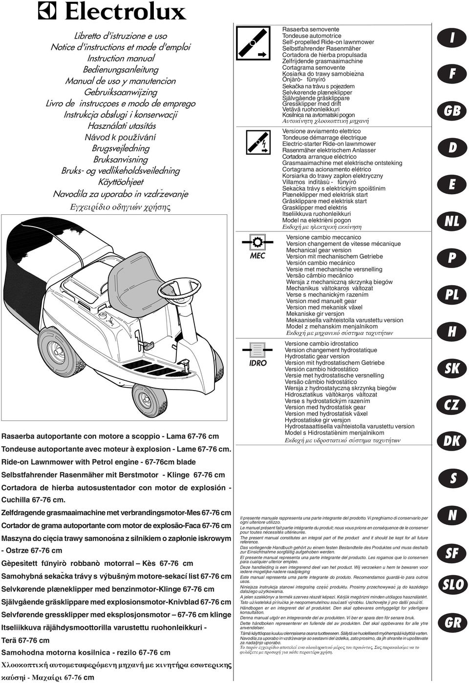 odhgiwvn crhvshς Rasaerba autoportante con motore a scoppio - Lama 67-76 cm Tondeuse autoportante avec moteur à explosion - Lame 67-76 cm.