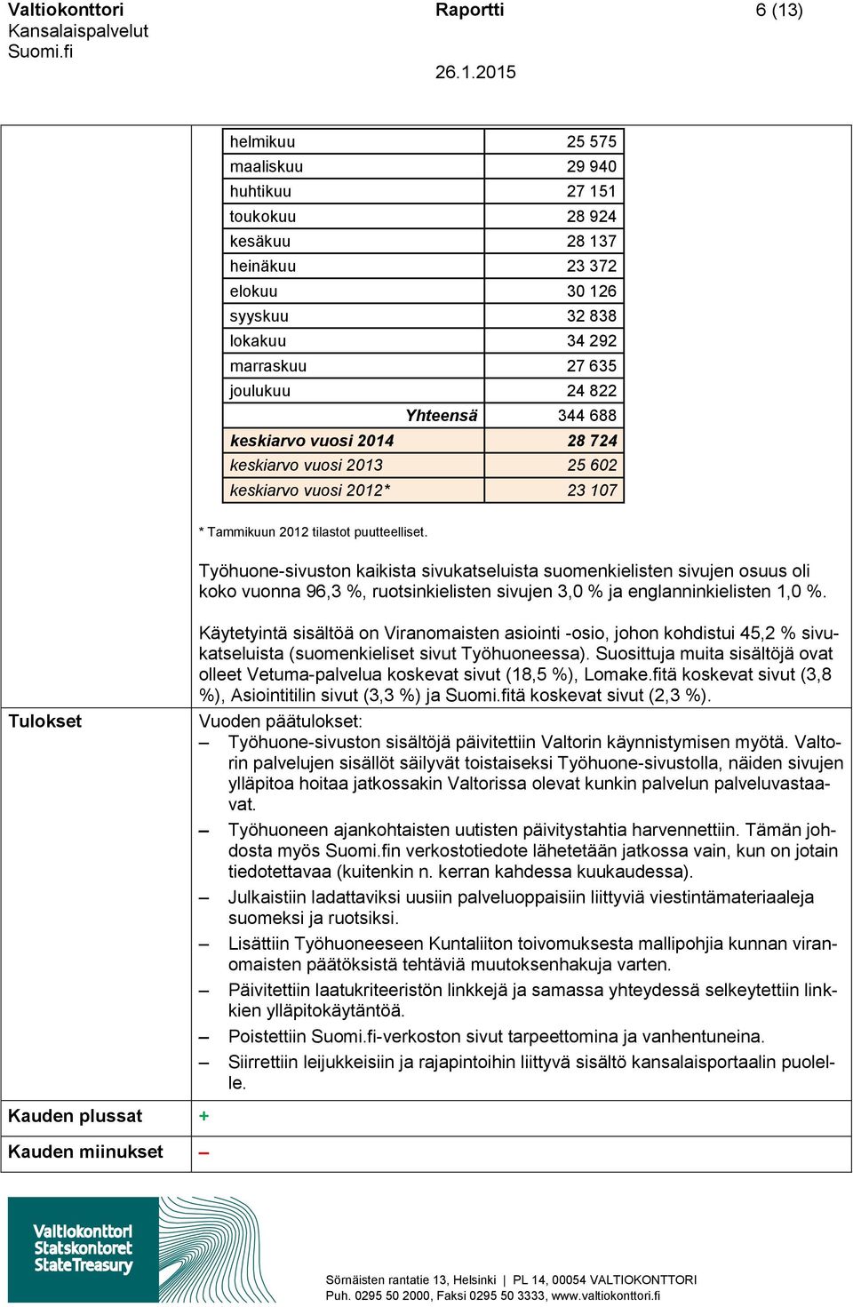 Työhuone-sivuston kaikista sivukatseluista suomenkielisten sivujen osuus oli koko vuonna 96,3 %, ruotsinkielisten sivujen 3,0 % ja englanninkielisten 1,0 %.