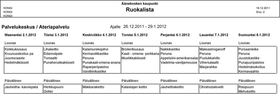 Maksastroganoff Porsaanleike Kruunusekoitus pa Edamviipale Kermaviilikastike Kaali - omena- porkkana raaste Peruna Peruna Peruna Juuresraaste Tomaatti Peruna Mustikkakiisseli