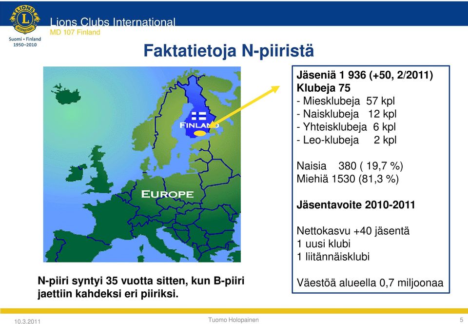 Jäsentavoite 2010-2011 Nettokasvu +40 jäsentä 1 uusi klubi 1 liitännäisklubi N-piiri syntyi 35
