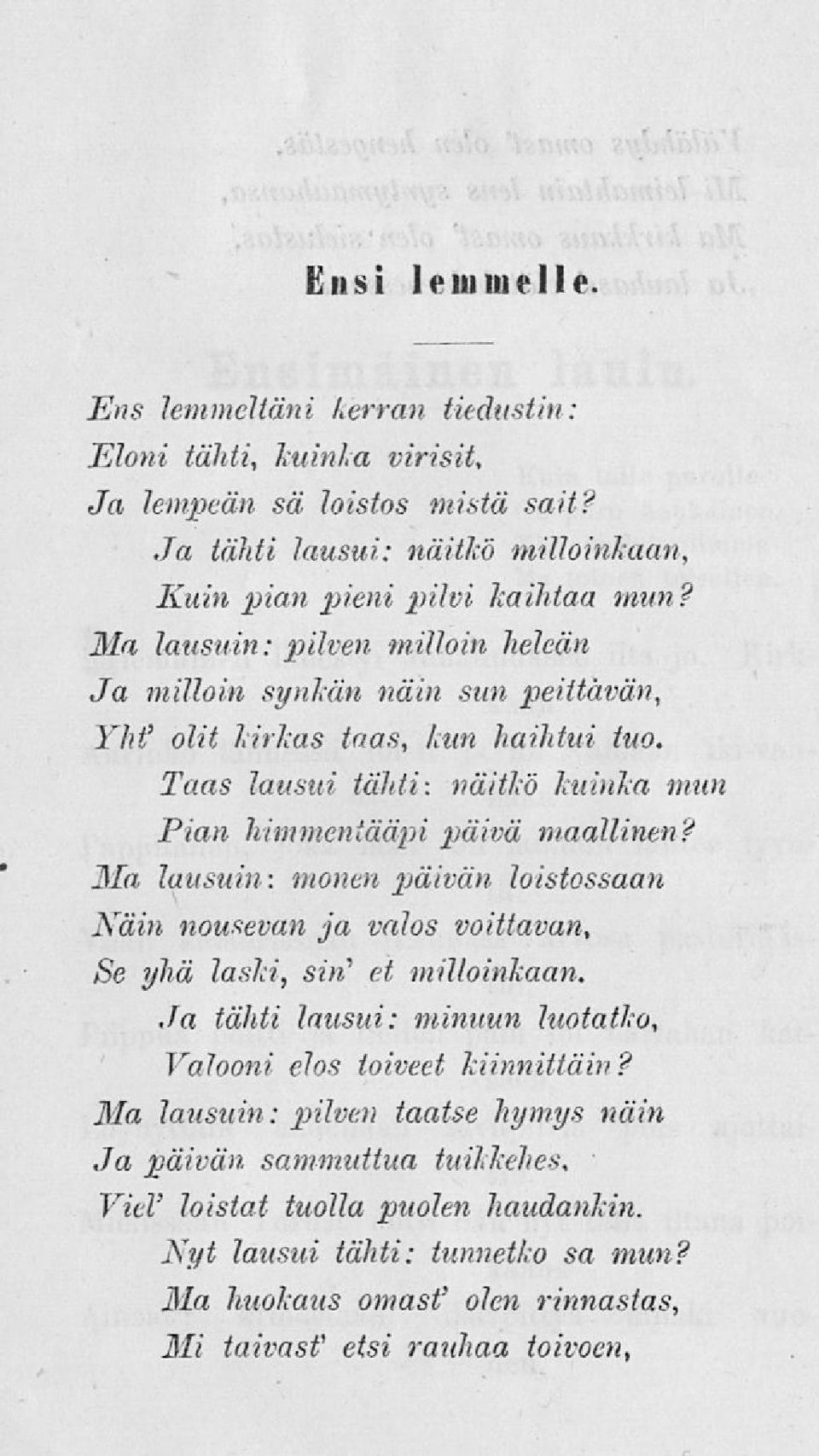 Ma lausuin: monen päivän loistossaan Näin nousevan ja valos voittavan. Se yhä laski, sin' et milloinkaan. Ja tähti lausui: minuun luotatko, Valooni elos toiveet kiinnittäin?