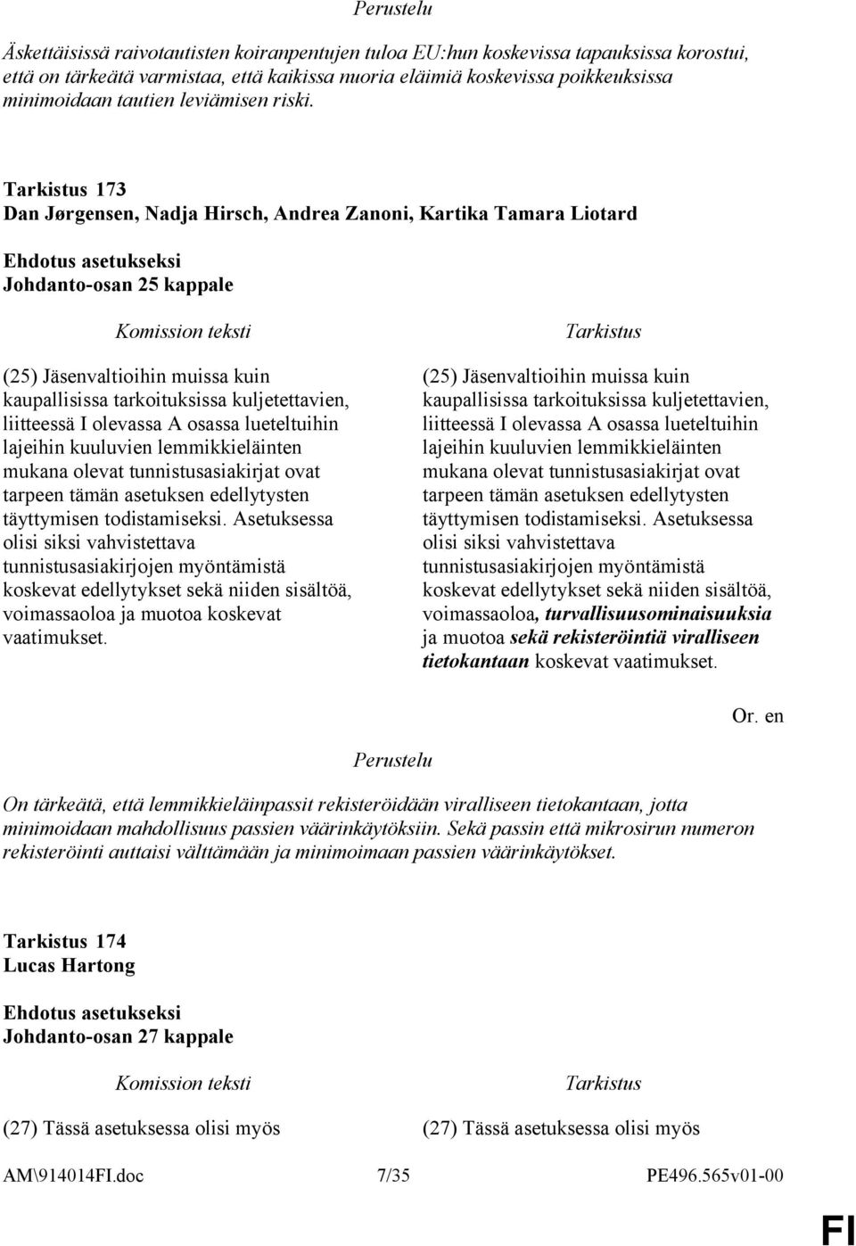 173 Dan Jørgensen, Nadja Hirsch, Andrea Zanoni, Kartika Tamara Liotard Johdanto-osan 25 kappale (25) Jäsenvaltioihin muissa kuin kaupallisissa tarkoituksissa kuljetettavien, liitteessä I olevassa A