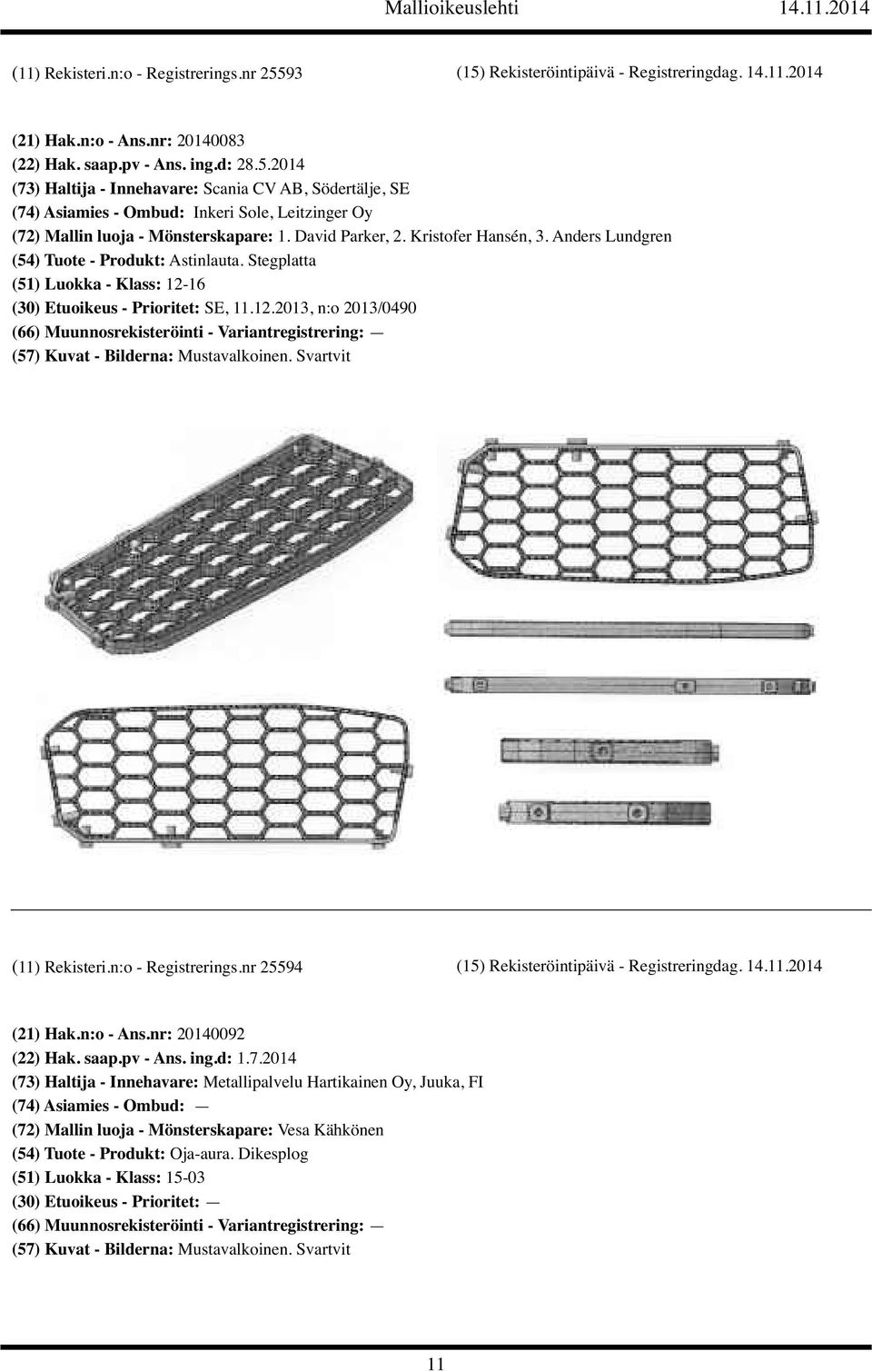 n:o - Registrerings.nr 25594 (15) Rekisteröintipäivä - Registreringdag. 14.11.2014 (21) Hak.n:o - Ans.nr: 20140092 (22) Hak. saap.pv - Ans. ing.d: 1.7.