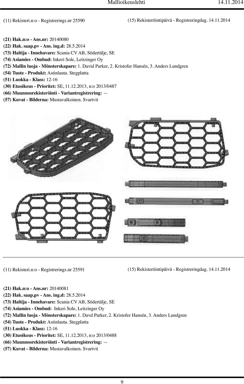 n:o - Registrerings.nr 25591 (15) Rekisteröintipäivä - Registreringdag. 14.11.2014 (21) Hak.n:o - Ans.nr: 20140081 (22) Hak. saap.pv - Ans. ing.d: 28.5.2014 (73) Haltija - Innehavare: Scania CV AB, Södertälje, SE (74) Asiamies - Ombud: Inkeri Sole, Leitzinger Oy (72) Mallin luoja - Mönsterskapare: 1.