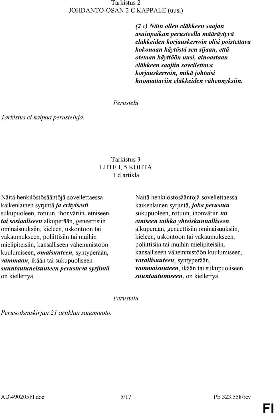 Tarkistus 3 LIITE I, 5 KOHTA 1 d artikla Näitä henkilöstösääntöjä sovellettaessa kaikenlainen syrjintä ja erityisesti sukupuoleen, rotuun, ihonväriin, etniseen tai sosiaaliseen alkuperään,