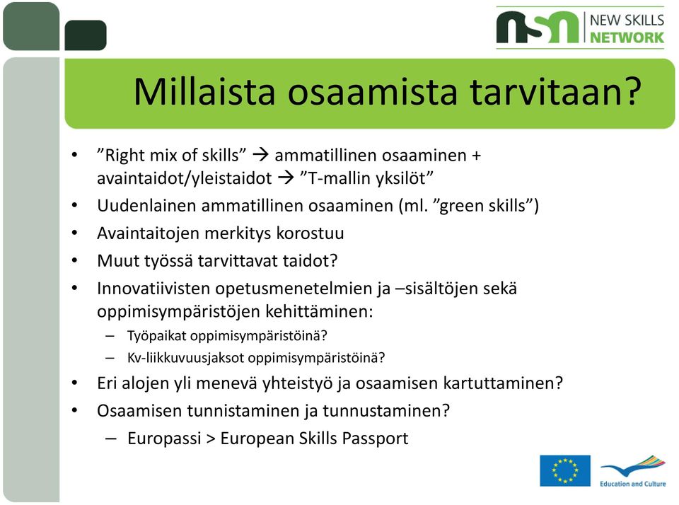 green skills ) Avaintaitojen merkitys korostuu Muut työssä tarvittavat taidot?