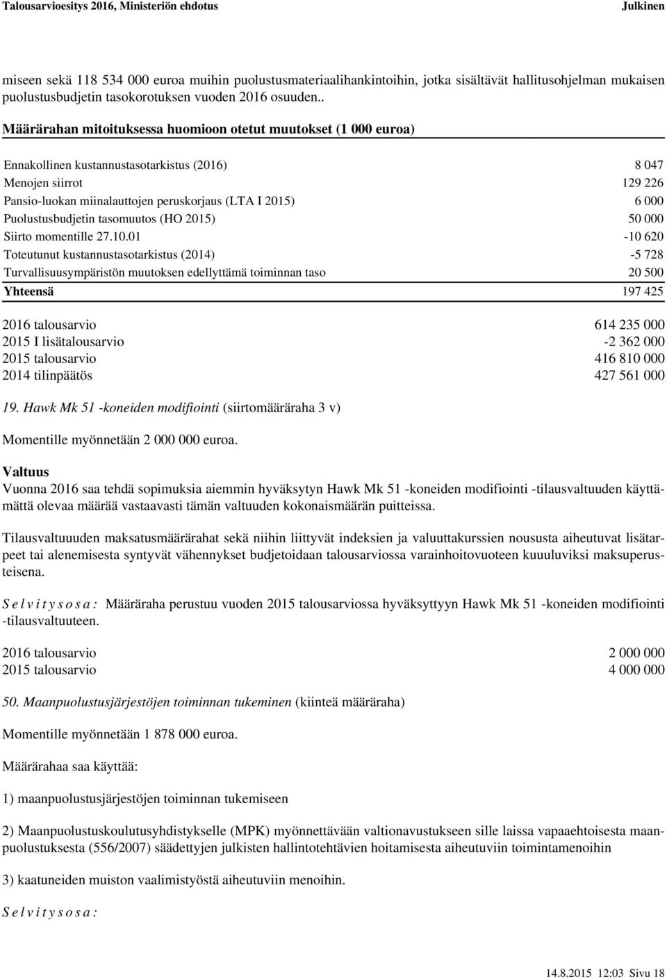 Puolustusbudjetin tasomuutos (HO ) 50 000 Siirto momentille 27.10.