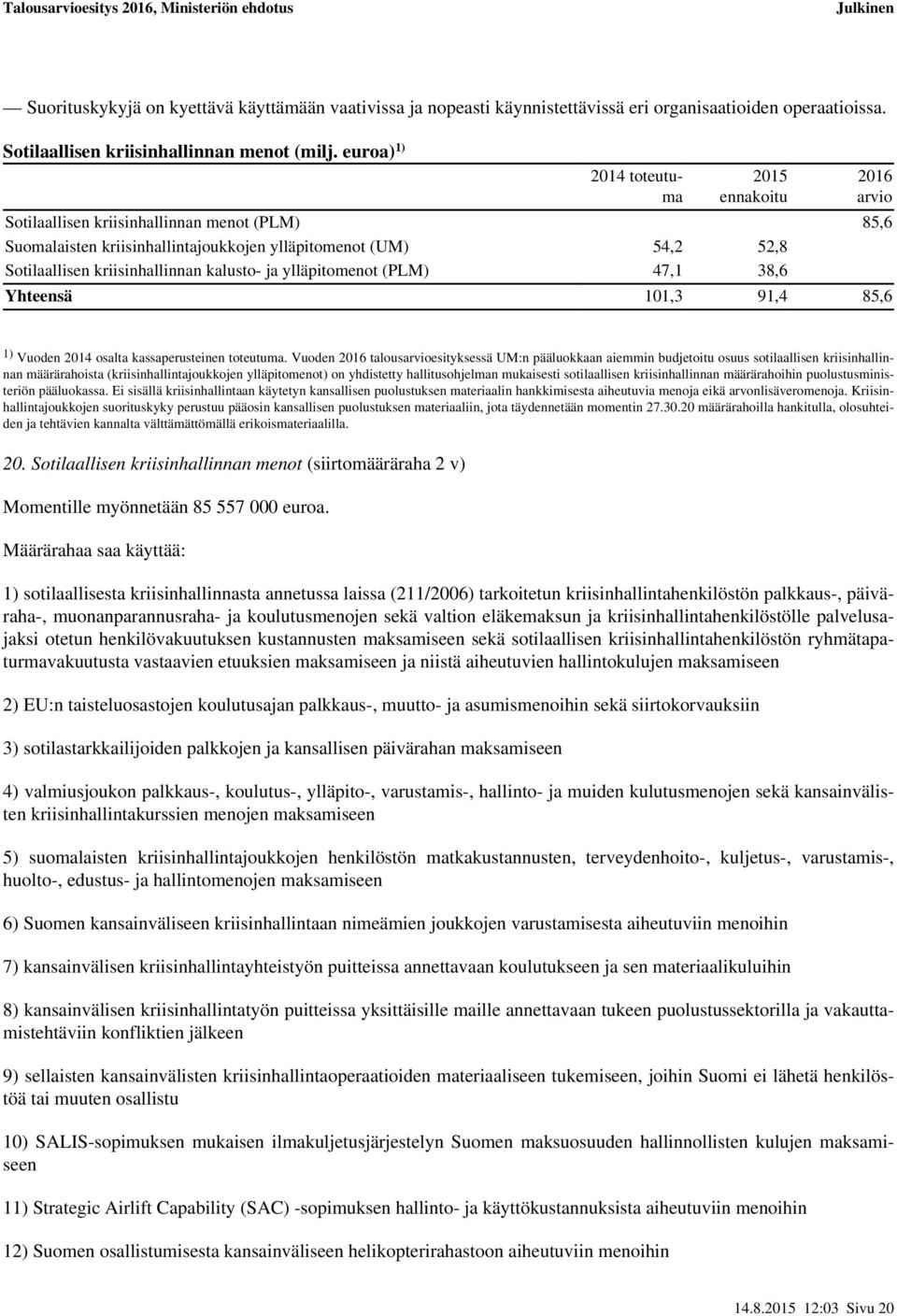 ylläpitomenot (PLM) 47,1 38,6 Yhteensä 101,3 91,4 85,6 arvio 1) Vuoden 2014 osalta kassaperusteinen toteutuma.