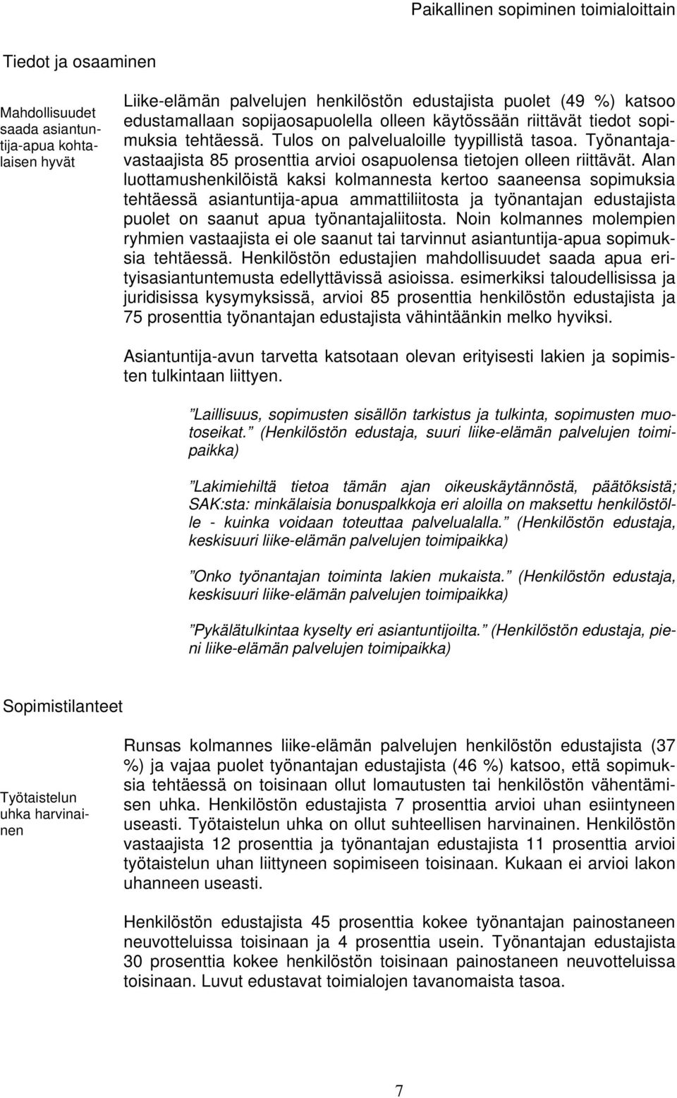 Alan luottamushenkilöistä kaksi kolmannesta kertoo saaneensa sopimuksia tehtäessä asiantuntija-apua ammattiliitosta ja työnantajan edustajista puolet on saanut apua työnantajaliitosta.