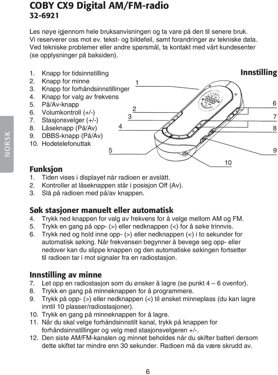 Knapp for valg av frekvens 5. På/Av-knapp 6. Volumkontroll (+/-) 7. Stasjonsvelger (+/-) 8. Låseknapp (På/Av) 9. DBBS-knapp (På/Av) 10. Hodetelefonuttak Funksjon 1.