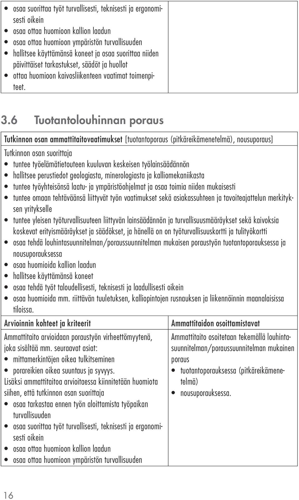 6 Tuotantolouhinnan poraus Tutkinnon osan ammattitaitovaatimukset [tuotantoporaus (pitkäreikämenetelmä), nousuporaus] koskevat erityismääräykset ja säädökset, ja hänellä on on työturvallisuuskortti