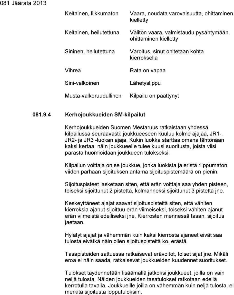 4 Kerhojoukkueiden SM-kilpailut Kerhojoukkueiden Suomen Mestaruus ratkaistaan yhdessä kilpailussa seuraavasti: joukkueeseen kuuluu kolme ajajaa, JR1-, JR2- ja JR3 -luokan ajaja.