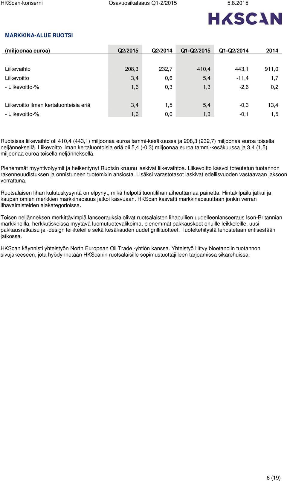 euroa toisella neljänneksellä. Liikevoitto ilman kertaluontoisia eriä oli 5,4 (-0,3) miljoonaa euroa tammi-kesäkuussa ja 3,4 (1,5) miljoonaa euroa toisella neljänneksellä.