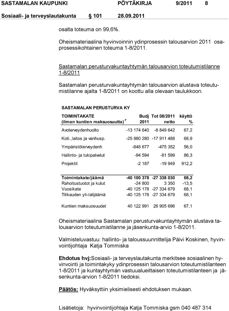 Sastamalan perusturvakunta yhtymän talousarvion toteutu mistilanne 1-8/2011 Sastamalan perusturvakunta yhtymän talousarvion alustava toteutumisti lanne ajalta 1-8/2011 on koottu alla olevaan