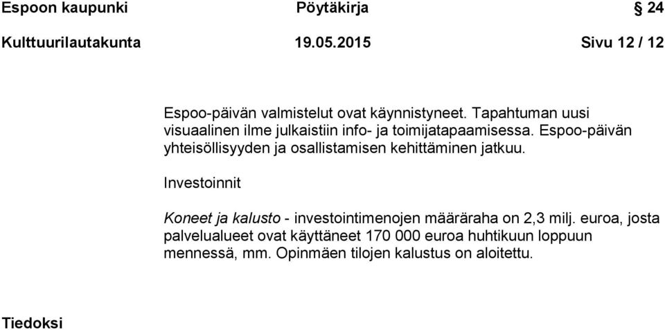 Espoo-päivän yhteisöllisyyden ja osallistamisen kehittäminen jatkuu.