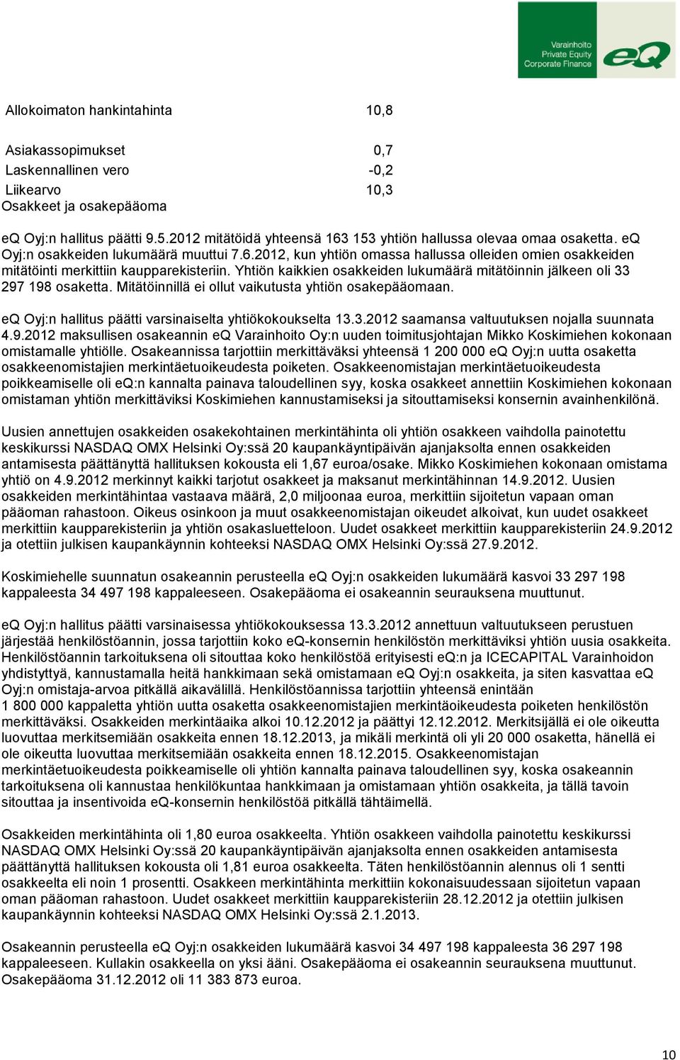 Yhtiön kaikkien osakkeiden lukumäärä mitätöinnin jälkeen oli 33 297 198 osaketta. Mitätöinnillä ei ollut vaikutusta yhtiön osakepääomaan. eq Oyj:n hallitus päätti varsinaiselta yhtiökokoukselta 13.3.2012 saamansa valtuutuksen nojalla suunnata 4.