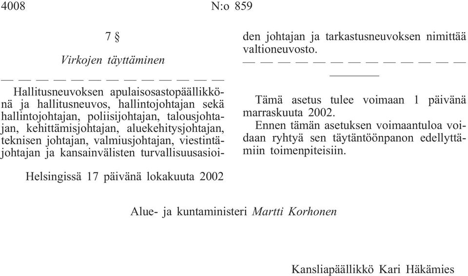 johtajan ja tarkastusneuvoksen nimittää valtioneuvosto. Tämä asetus tulee voimaan 1 päivänä marraskuuta 2002.
