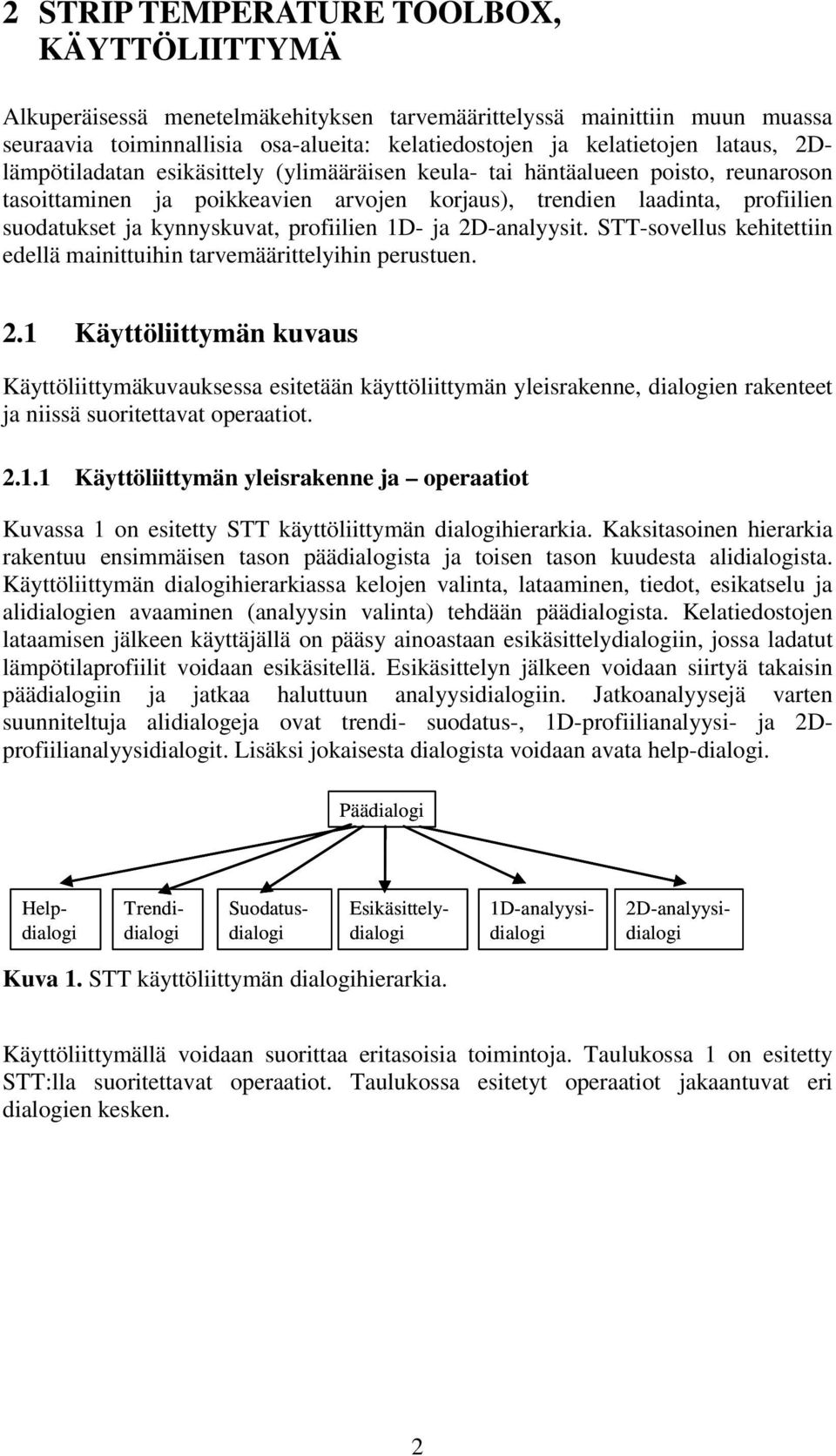 profiilien 1D- ja 2D-analyysit. STT-sovellus kehitettiin edellä mainittuihin tarvemäärittelyihin perustuen. 2.1 Käyttöliittymän kuvaus Käyttöliittymäkuvauksessa esitetään käyttöliittymän yleisrakenne, dialogien rakenteet ja niissä suoritettavat operaatiot.