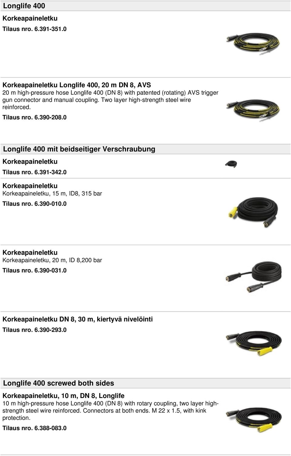 Two layer high-strength steel wire reinforced. Tilaus nro. 6.390-208.0 Longlife 400 mit beidseitiger Verschraubung Korkeapaineletku Tilaus nro. 6.391-342.