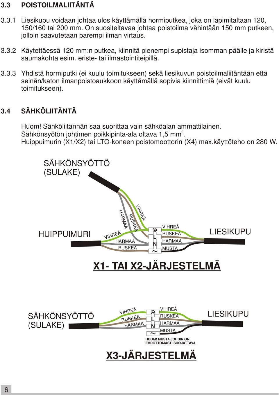 3.2 Käytettäessä 120 mm:n putkea, kiinnitä pienempi supistaja isomman päälle ja kiristä saumakohta esim. eriste- tai ilmastointiteipillä. 3.3.3 Yhdistä hormiputki (ei kuulu toimitukseen) sekä liesikuvun poistoilmaliitäntään että seinän/katon ilmanpoistoaukkoon käyttämällä sopivia kiinnittimiä (eivät kuulu toimitukseen).