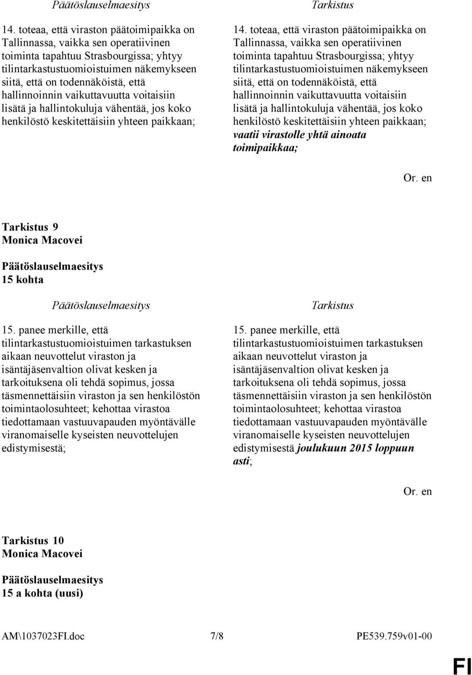 vähentää, jos koko henkilöstö keskitettäisiin yhteen paikkaan; vaatii virastolle yhtä ainoata toimipaikkaa; 9 Monica Macovei 15 kohta 15.