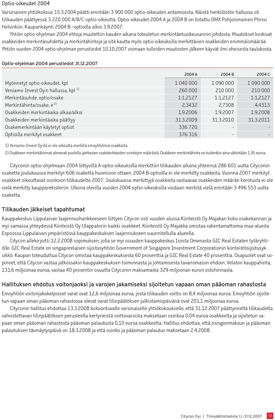 Yhtiön optio-ohjelman 2004 ehtoja muutettiin kauden aikana toteutetun merkintäetuoikeusannin johdosta.