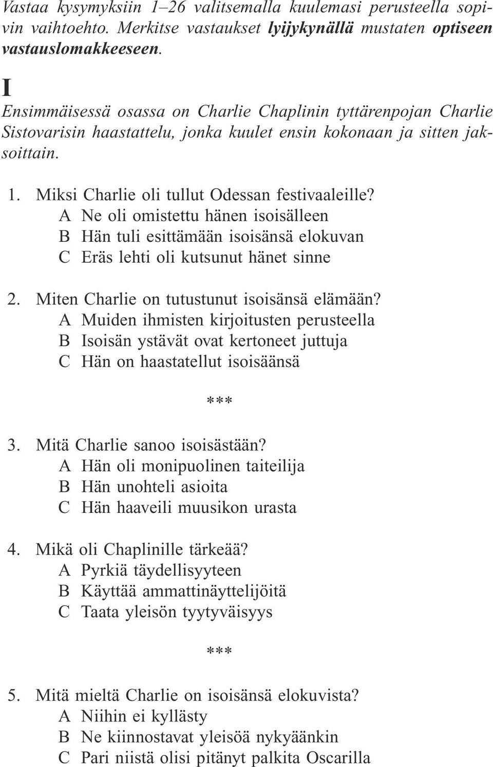 A Ne oli omistettu hänen isoisälleen B Hän tuli esittämään isoisänsä elokuvan C Eräs lehti oli kutsunut hänet sinne 2. Miten Charlie on tutustunut isoisänsä elämään?