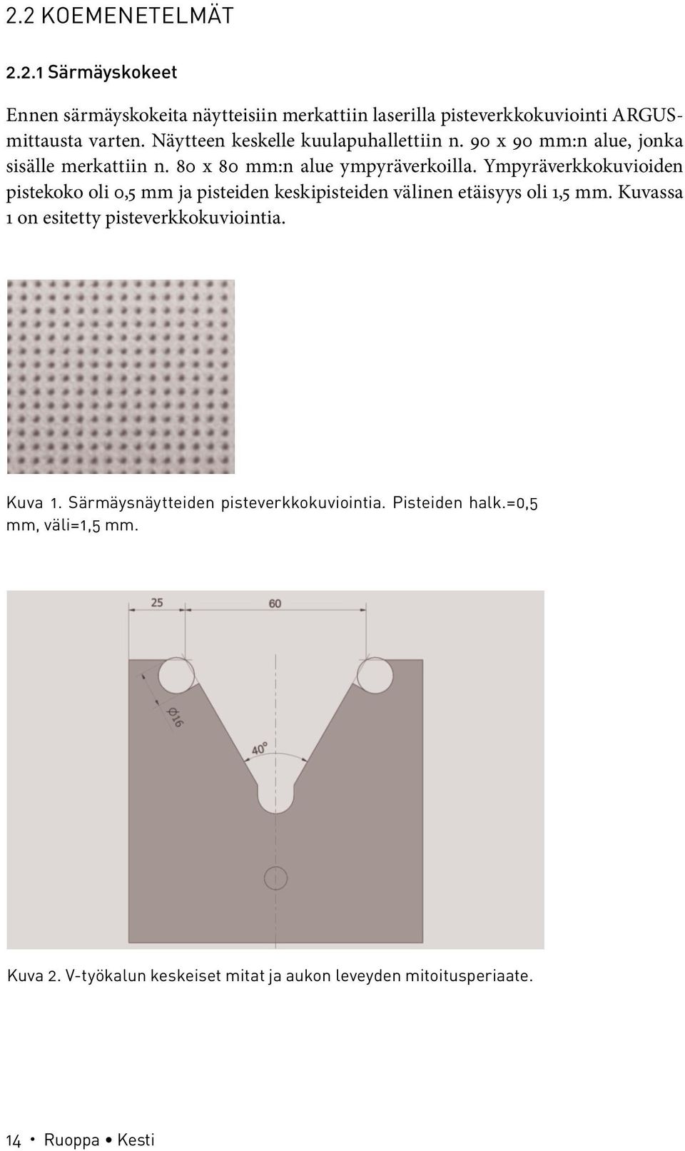 Ympyräverkkokuvioiden pistekoko oli 0,5 mm ja pisteiden keskipisteiden välinen etäisyys oli 1,5 mm. Kuvassa 1 on esitetty pisteverkkokuviointia.