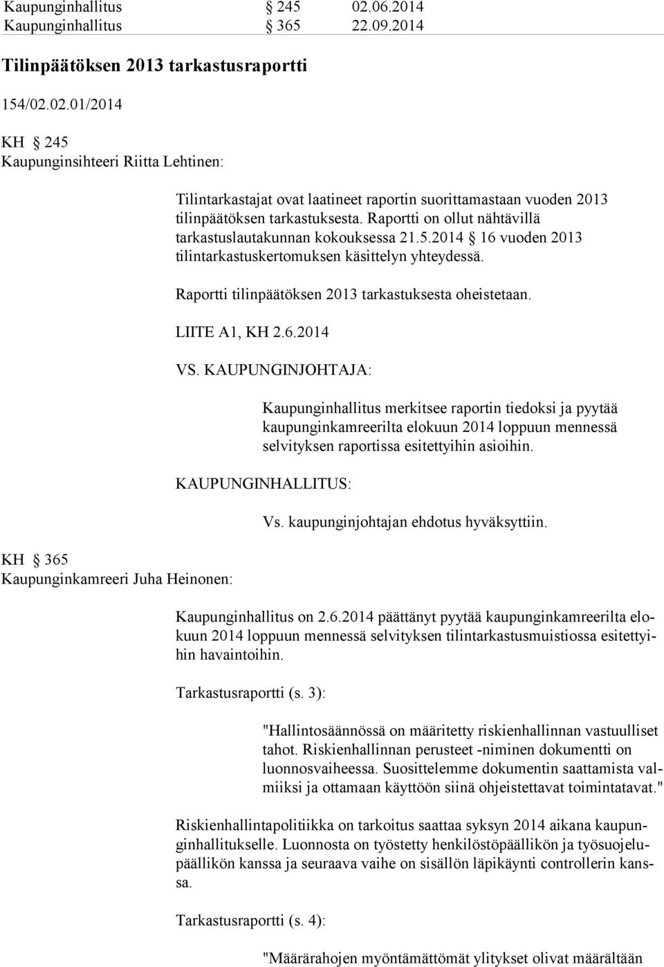 02.01/2014 KH 245 Kaupunginsihteeri Riitta Lehtinen: KH 365 Kaupunginkamreeri Juha Heinonen: Tilintarkastajat ovat laatineet raportin suorittamastaan vuoden 2013 tilinpäätöksen tarkastuksesta.