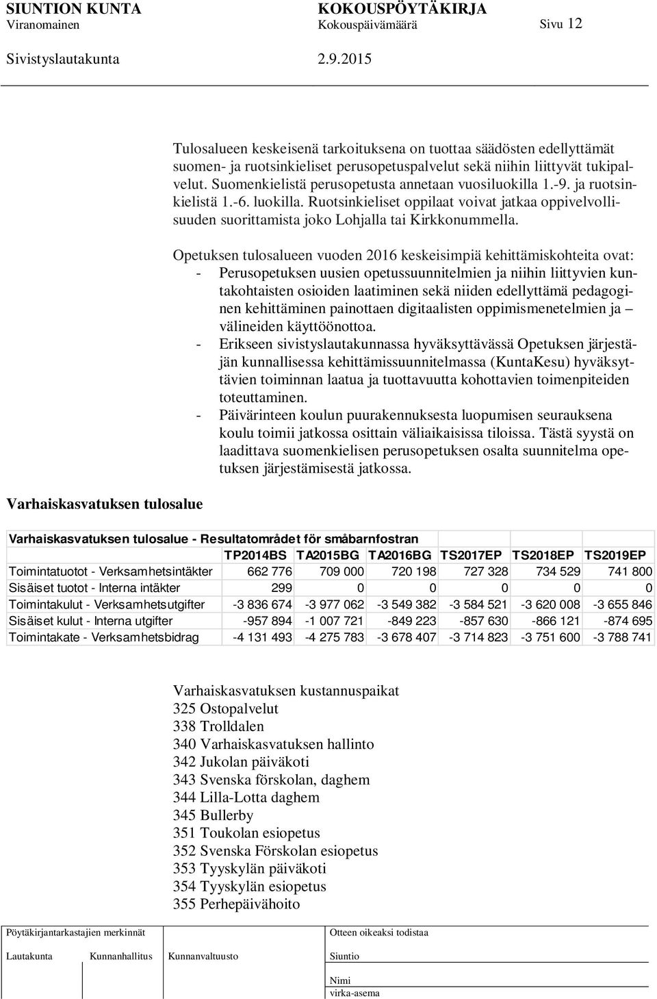 Opetuksen tulosalueen vuoden 2016 keskeisimpiä kehittämiskohteita ovat: - Perusopetuksen uusien opetussuunnitelmien ja niihin liittyvien kuntakohtaisten osioiden laatiminen sekä niiden edellyttämä