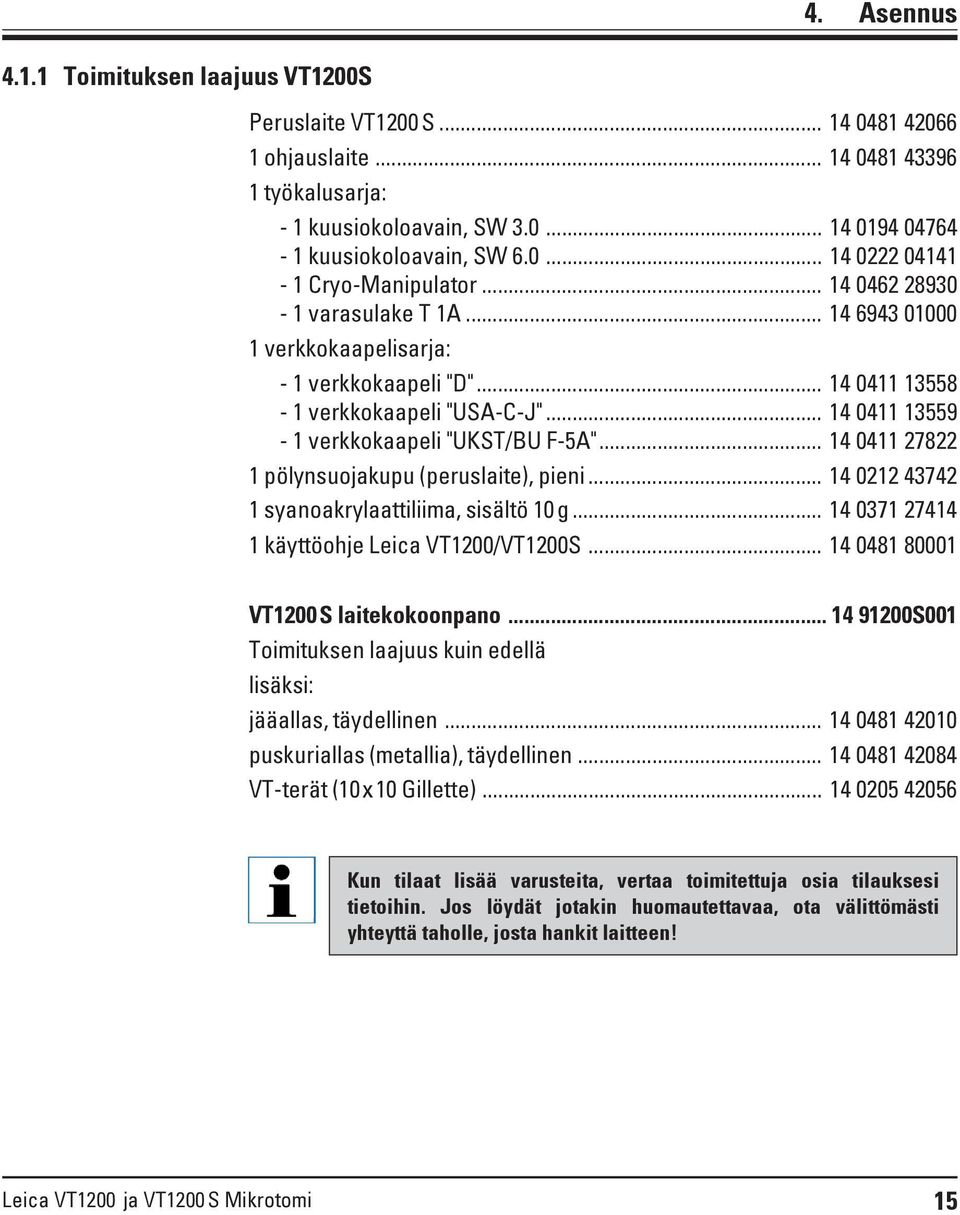 .. 14 0411 27822 1 pölynsuojakupu (peruslaite), pieni... 14 0212 43742 1 syanoakrylaattiliima, sisältö 10 g... 14 0371 27414 1 käyttöohje Leica VT1200/VT1200S... 14 0481 80001 VT1200 S laitekokoonpano.