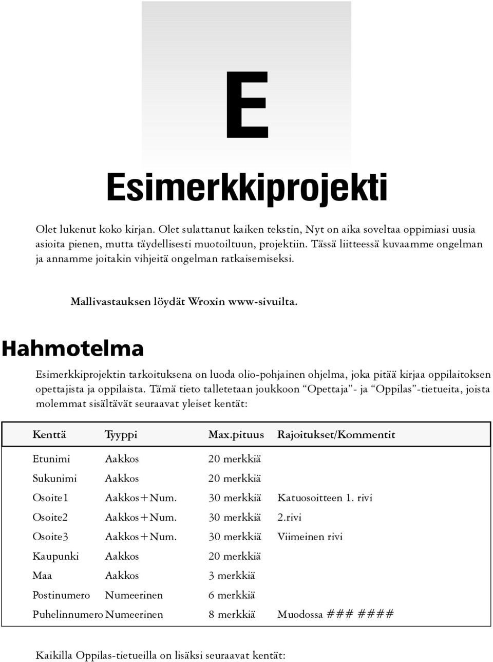 Tässä liitteessä kuvaamme ongelman ja annamme joitakin vihjeitä ongelman ratkaisemiseksi. Mallivastauksen löydät Wroxin www-sivuilta.