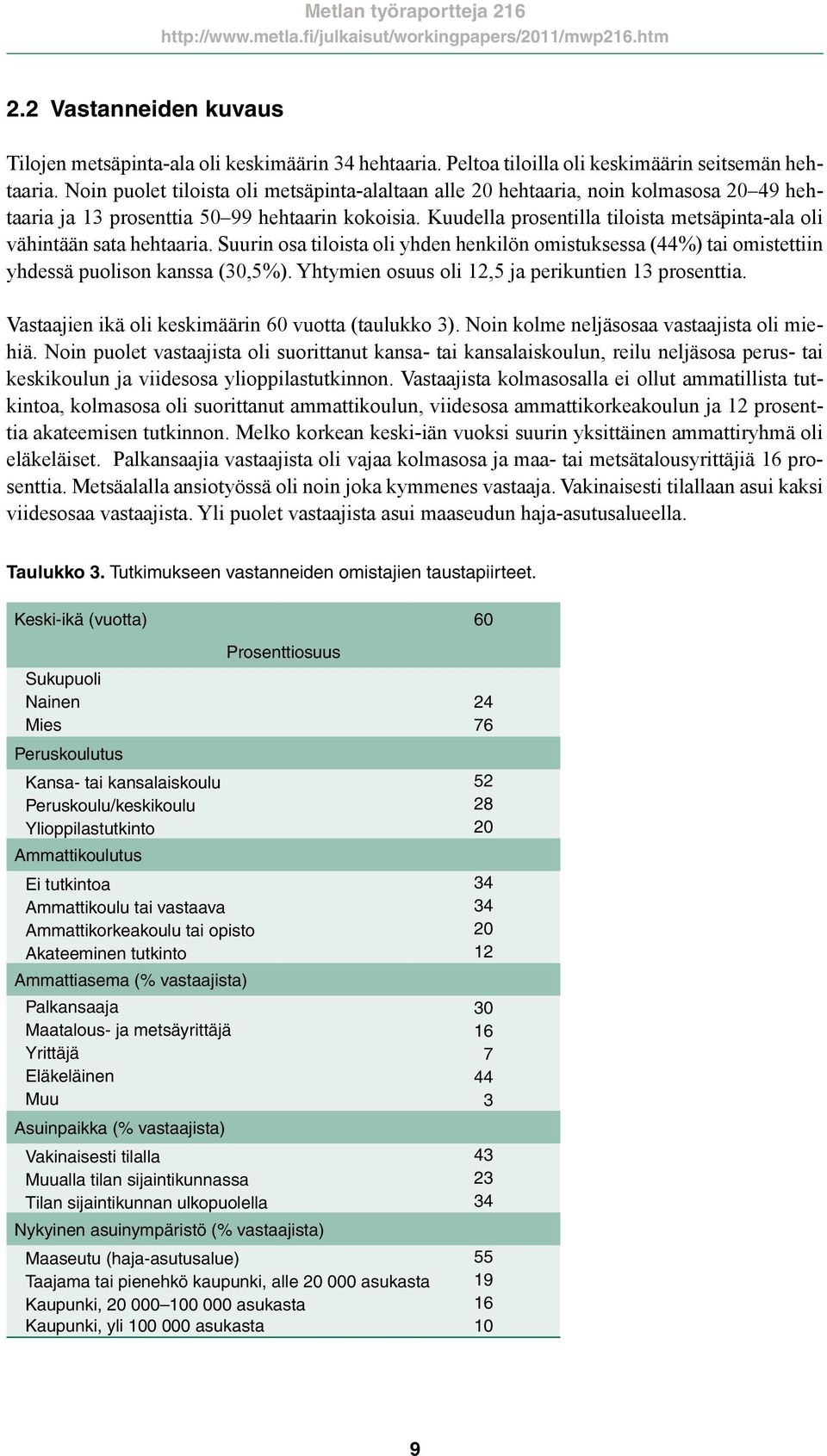 Kuudella prosentilla tiloista metsäpinta-ala oli vähintään sata hehtaaria. Suurin osa tiloista oli yhden henkilön omistuksessa (44%) tai omistettiin yhdessä puolison kanssa (30,5%).