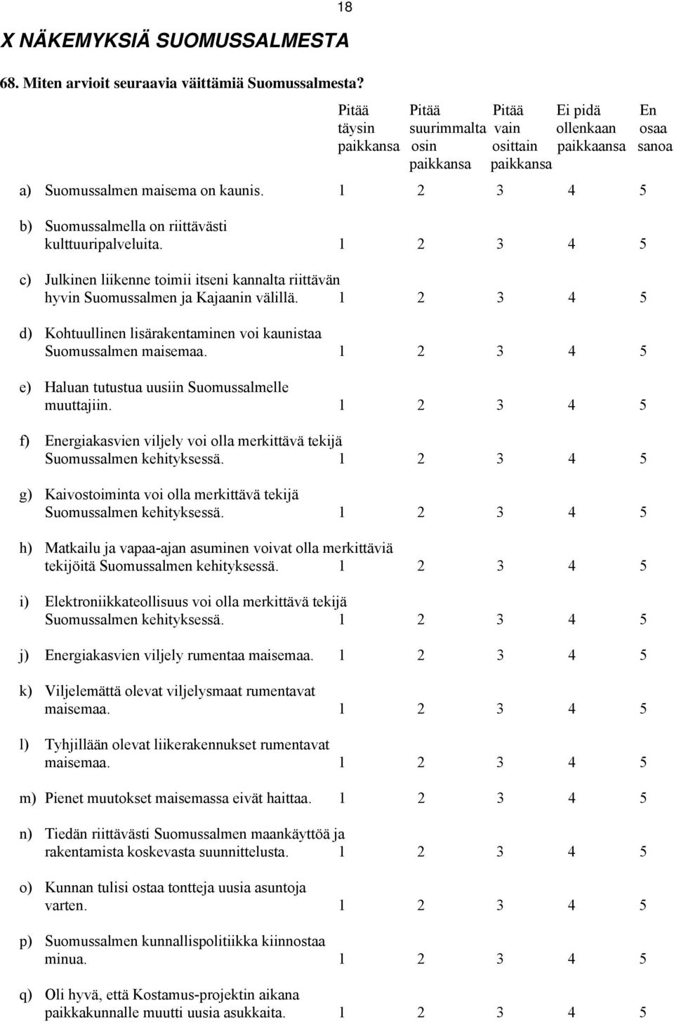 1 2 3 4 5 b) Suomussalmella on riittävästi kulttuuripalveluita. 1 2 3 4 5 c) Julkinen liikenne toimii itseni kannalta riittävän hyvin Suomussalmen ja Kajaanin välillä.