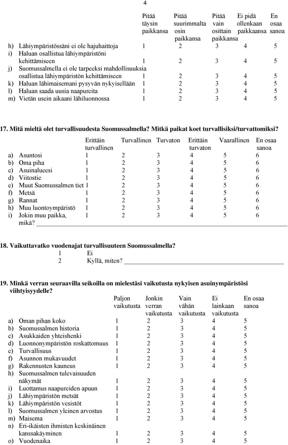 2 3 4 5 l) Haluan saada uusia naapureita 1 2 3 4 5 m) Vietän usein aikaani lähiluonnossa 1 2 3 4 5 17. Mitä mieltä olet turvallisuudesta Suomussalmella? Mitkä paikat koet turvallisiksi/turvattomiksi?