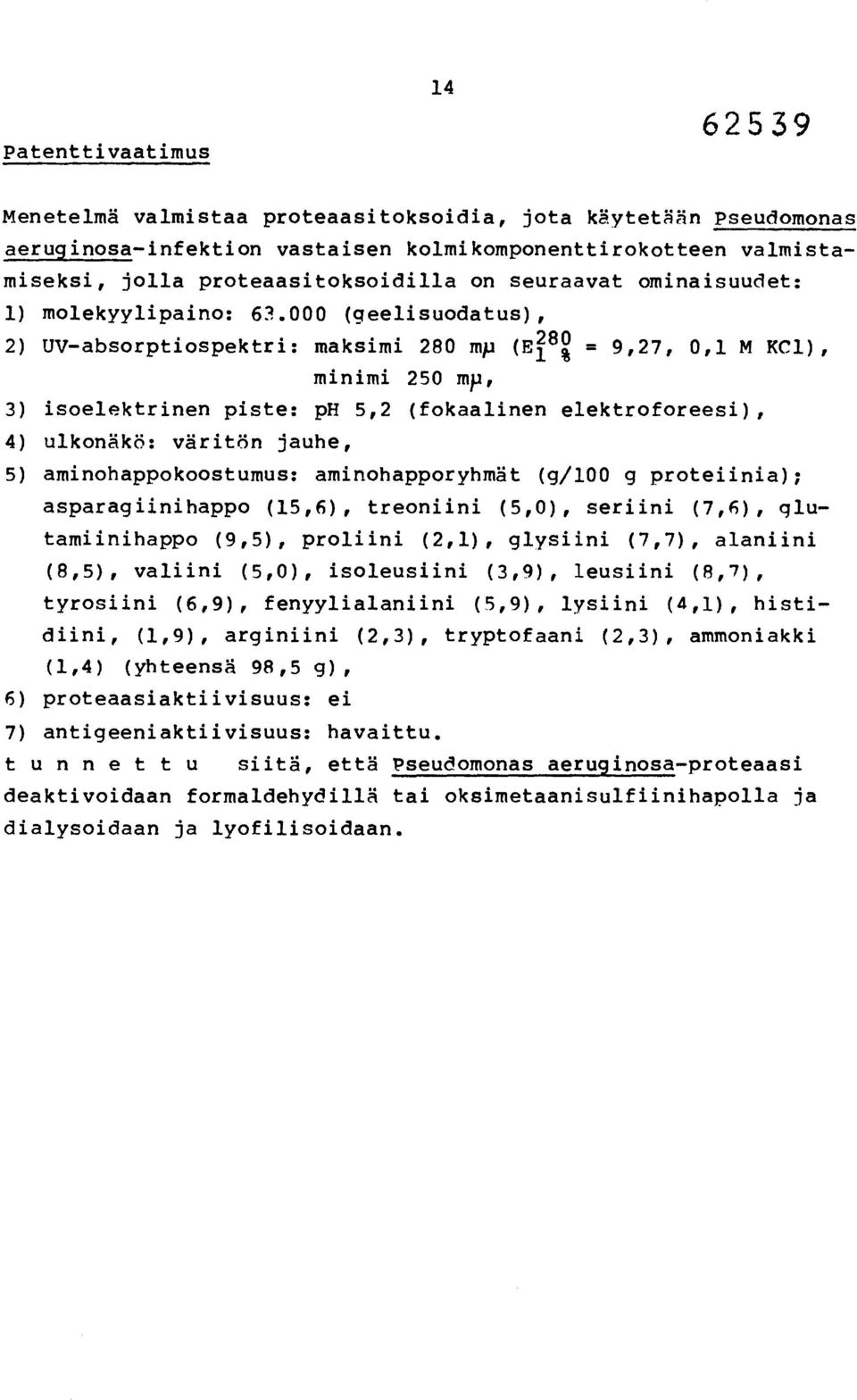 = 9,27, 0,1 M KC1), minimi 250 mp, 3) isoelektrinen piste: ph 5,2 (fokaalinen elektroforeesi), 4) ulkonäkö: väritön jauhe, 5) aminohappokoostumus: aminohapporyhmät (g/100 g proteiinia);