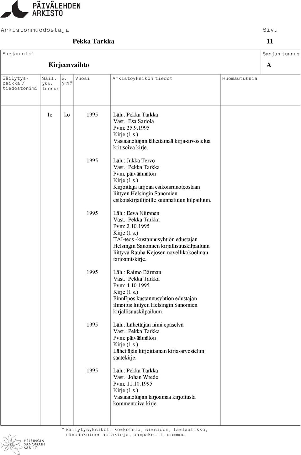 : Raimo Bärman Pvm: 4.10.1995 FinnEpos kustannusyhtiön edustajan ilmoitus liittyen Helsingin Sanomien kirjallisuuskilpailuun. 1995 Läh.