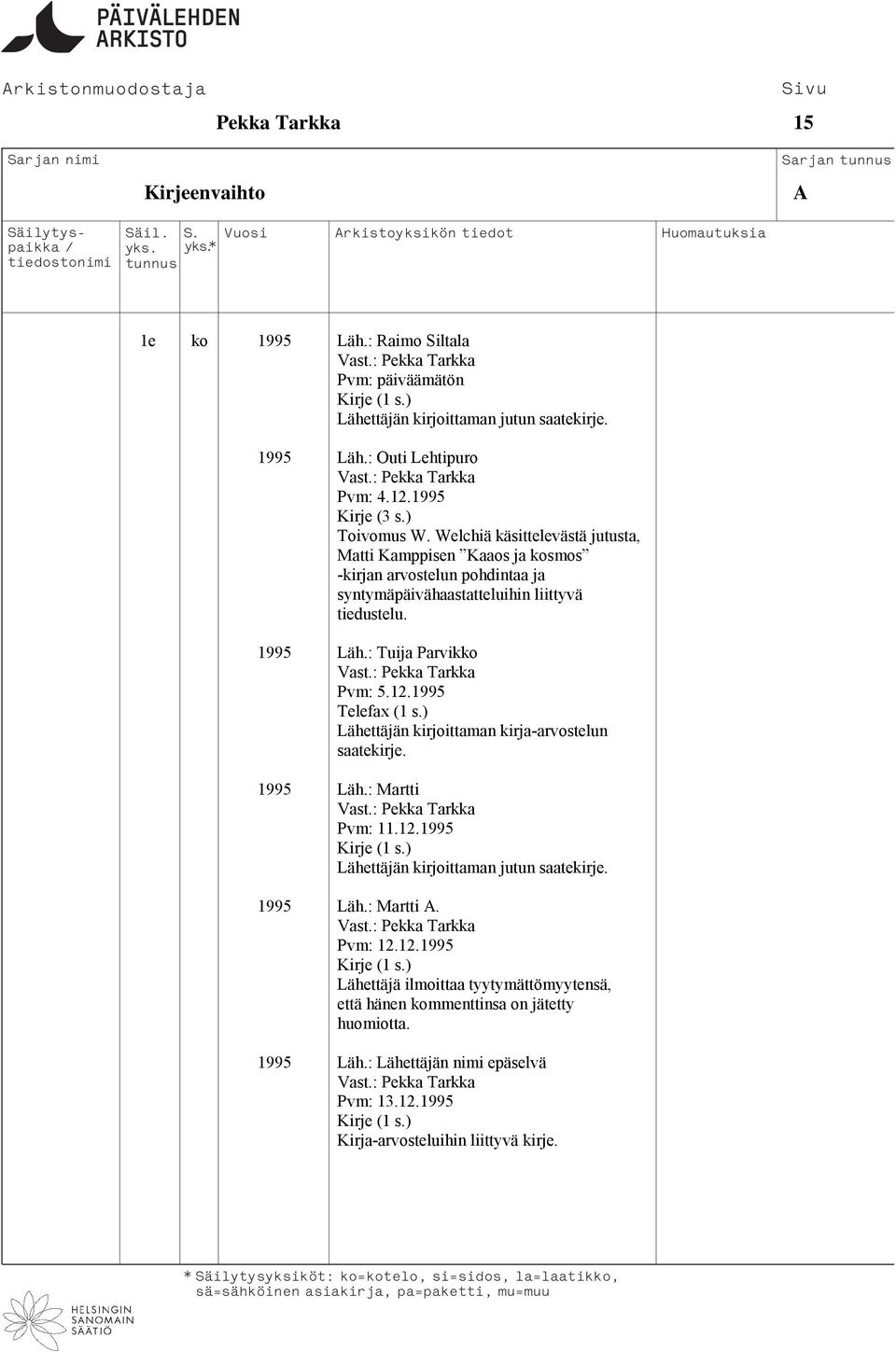 : Tuija Parvikko Pvm: 5.12.1995 Telefax (1 s.) Lähettäjän kirjoittaman kirja-arvostelun saatekirje. 1995 Läh.: Martti Pvm: 11.12.1995 Lähettäjän kirjoittaman jutun saatekirje.