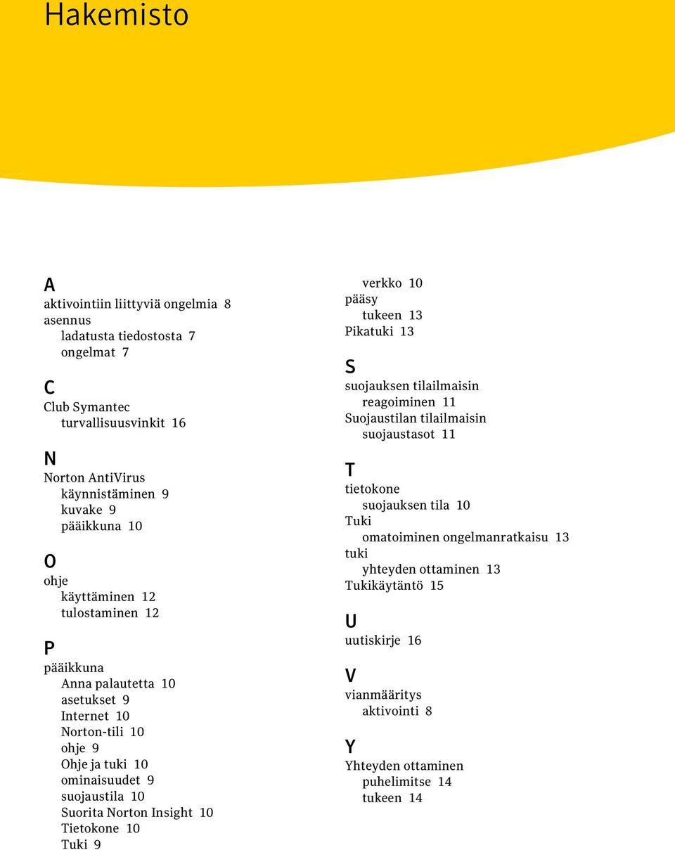 Suorita Norton Insight 10 Tietokone 10 Tuki 9 verkko 10 pääsy tukeen 13 Pikatuki 13 S suojauksen tilailmaisin reagoiminen 11 Suojaustilan tilailmaisin suojaustasot 11 T tietokone