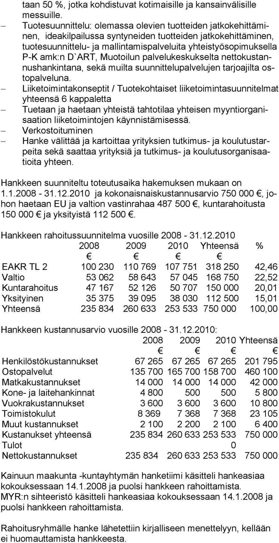 amk:n D`ART, Muotoilun palvelukeskukselta nettokus tannushankintana, sekä muilta suunnittelupalvelujen tarjoajilta ostopal veluna.