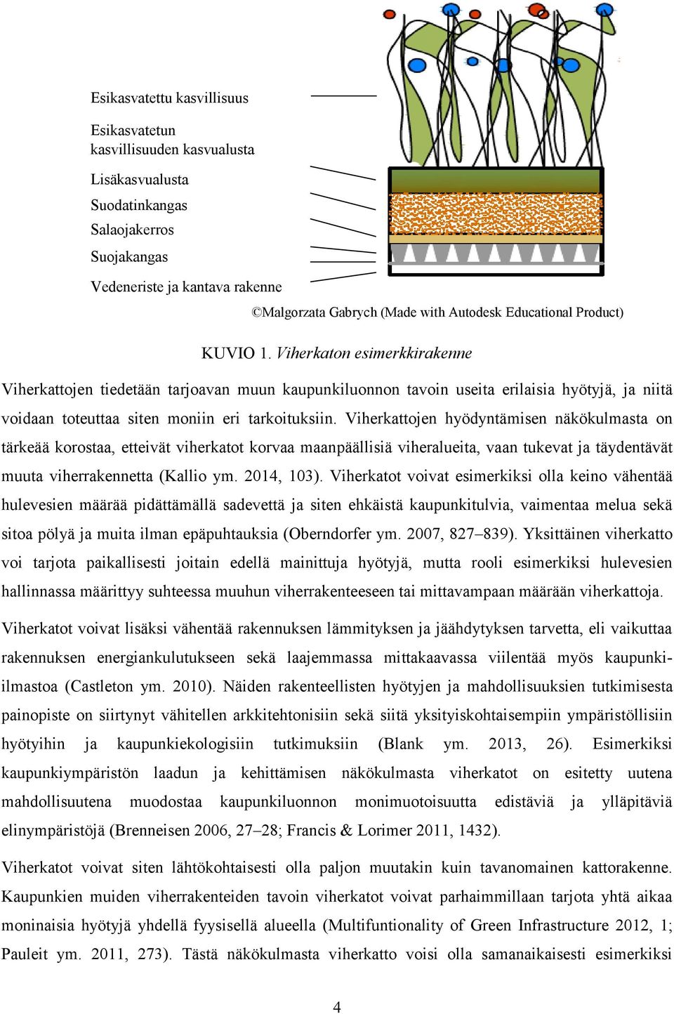 Viherkaton esimerkkirakenne Viherkattojen tiedetään tarjoavan muun kaupunkiluonnon tavoin useita erilaisia hyötyjä, ja niitä voidaan toteuttaa siten moniin eri tarkoituksiin.